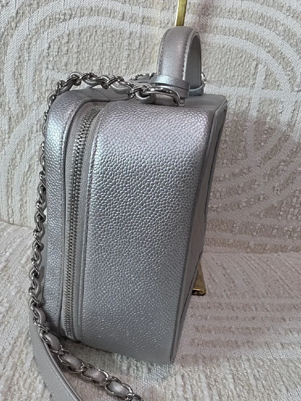 CHANEL Silver Quilted Vanity-Style Large Camera Shoulder Bag